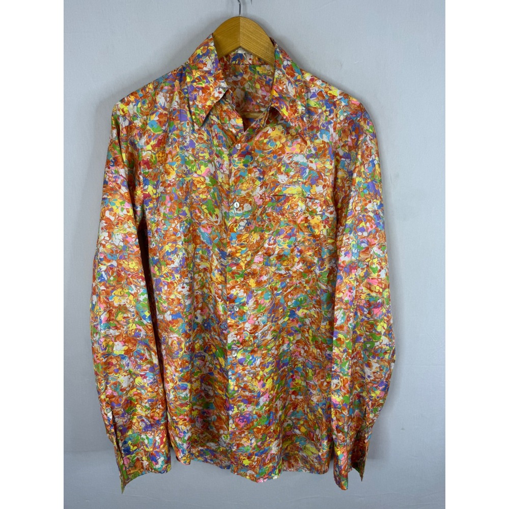 Vintage 70s Psychedelic DIsco Men Abstract Floral Button Down Shirt Long Sleeve